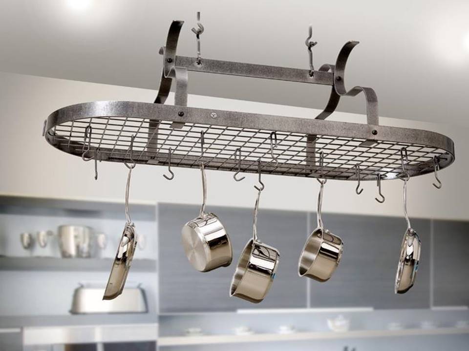 pot-rack Hanging pot rack with pots